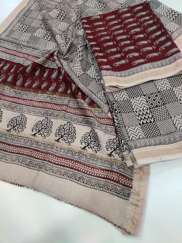 Maheshwari Maroon-white Bagh print Silk Cotton Suits