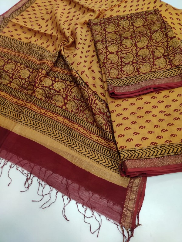Maheshwari Maroon-Yellow Bagh print Silk Cotton Suits