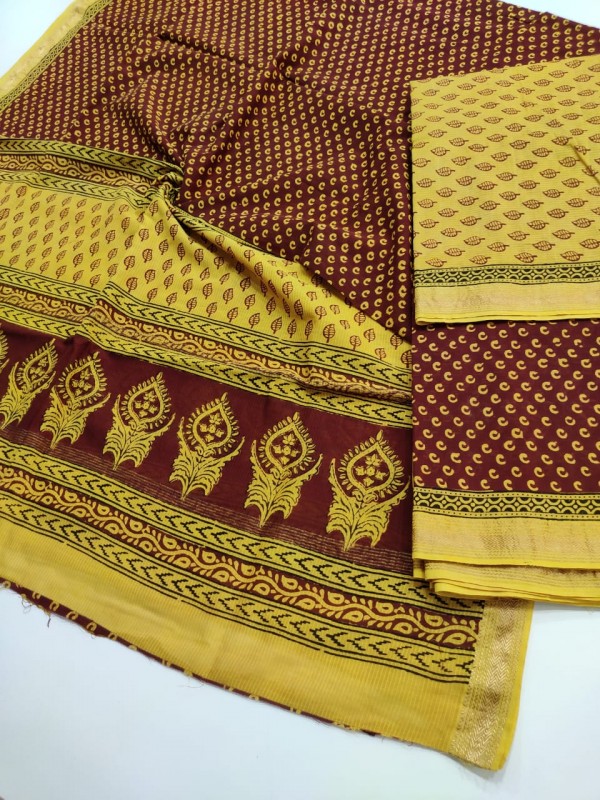 Maheshwari Maroon-Yellow Bagh print Silk Cotton Suits