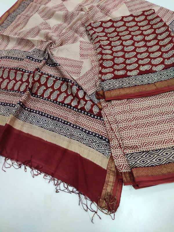 Maheshwari Maroon-white Bagh print Silk Cotton Suits