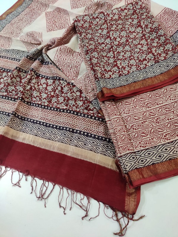 Maheshwari Maroon-white Bagh print Silk Cotton Suits