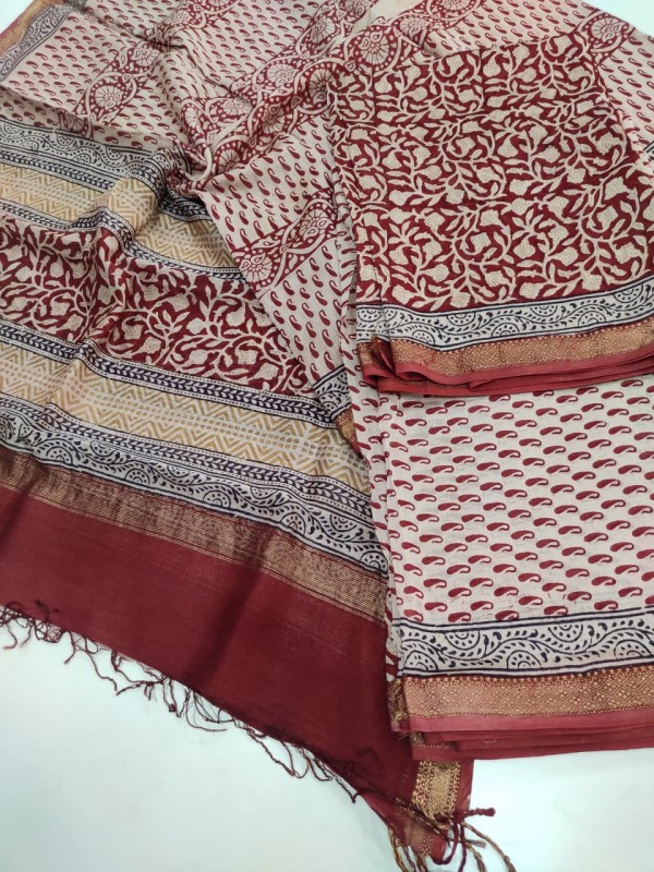 Maheshwari Maroon-white Bagh print Silk Cotton Suits