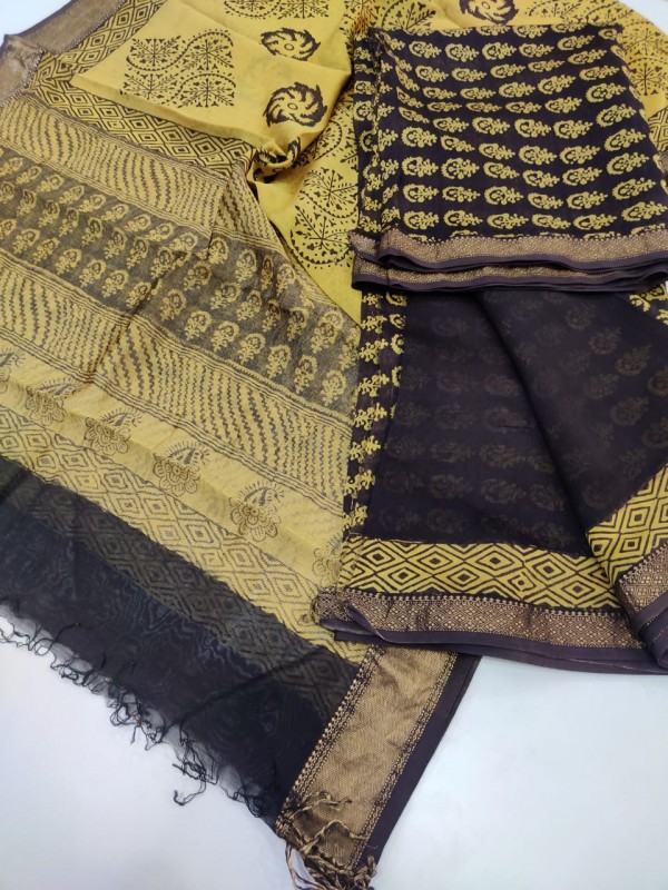 Maheshwari Black-Yellow Bagh print Silk Cotton Suits