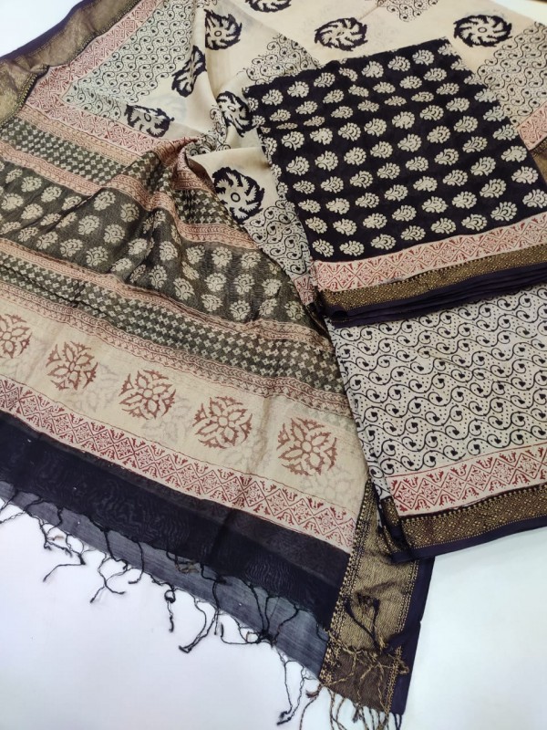 Maheshwari Black-white Bagh print Silk Cotton Suits