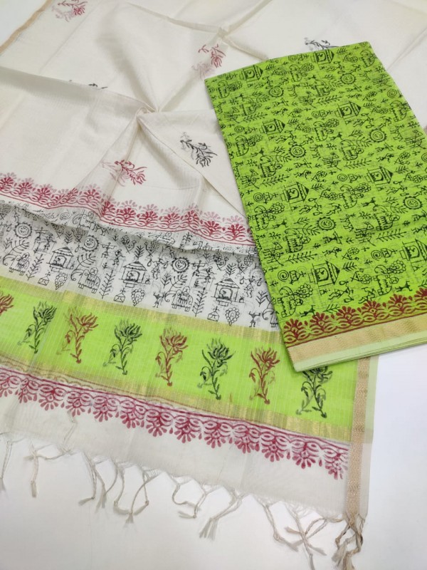 Maheshwari Green-White Handblock Printed Suit