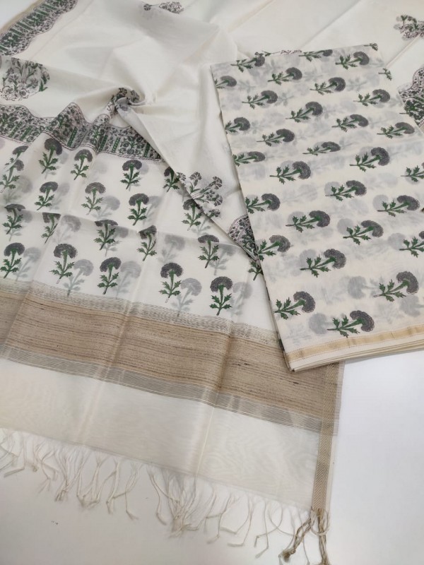 Maheshwari White Handblock Printed Suit