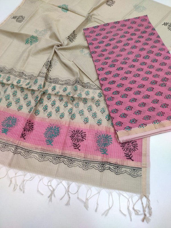 Maheshwari Pink-Beige Handblock Printed Suit