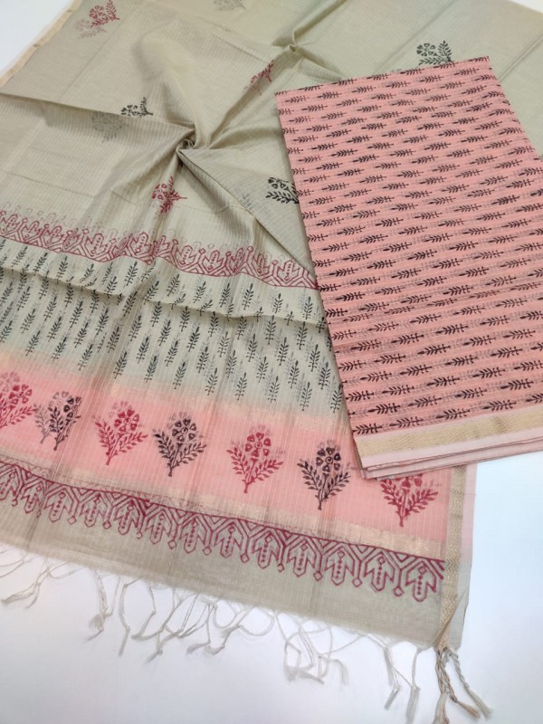 Maheshwari Peach-Tussar Handblock Printed Suit