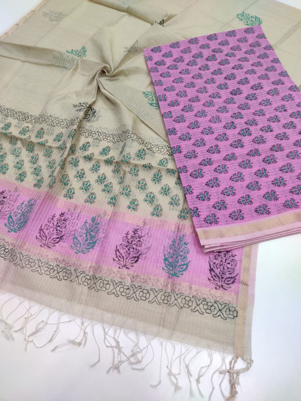 Maheshwari Pink-Tussar Handblock Printed Suit