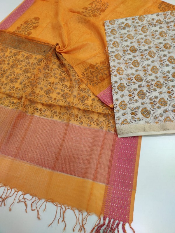 Maheshwari White-Orange Handblock Printed Suit