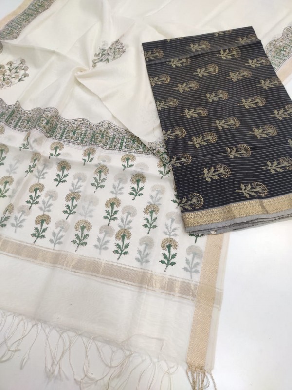 Maheshwari Black-White Handblock Printed Suit