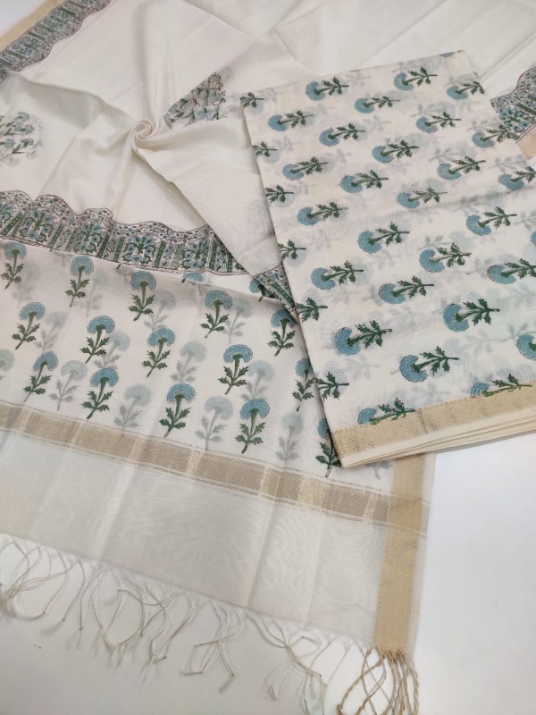 Maheshwari White Handblock Printed Suit