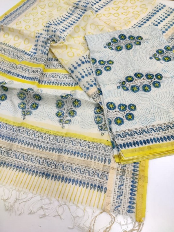 Maheshwari White Handblock Printed Suit