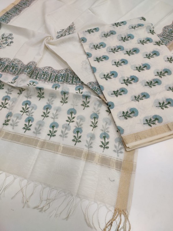 Maheshwari White Handblock Printed Suit