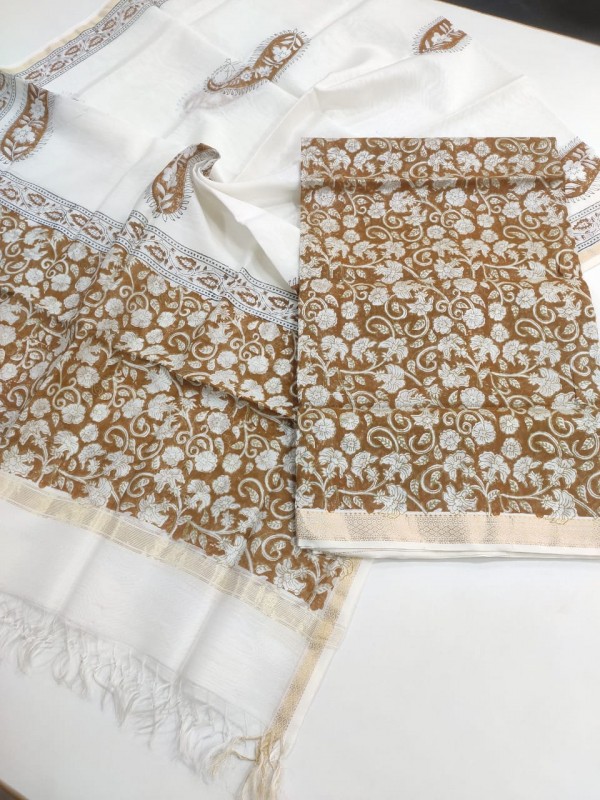 Maheshwari Mustard- White Handblock Printed Suit