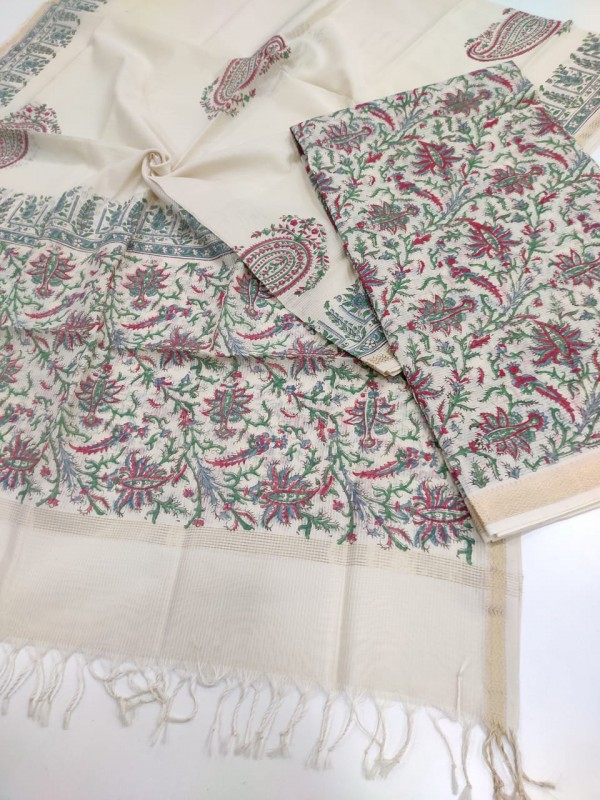 Maheshwari Off White Handblock Printed Suit