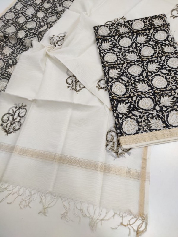 Maheshwari Black-White Handblock Printed Suit