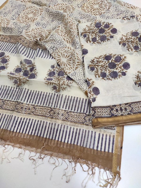 Maheshwari White-Beige Handblock Printed Suit