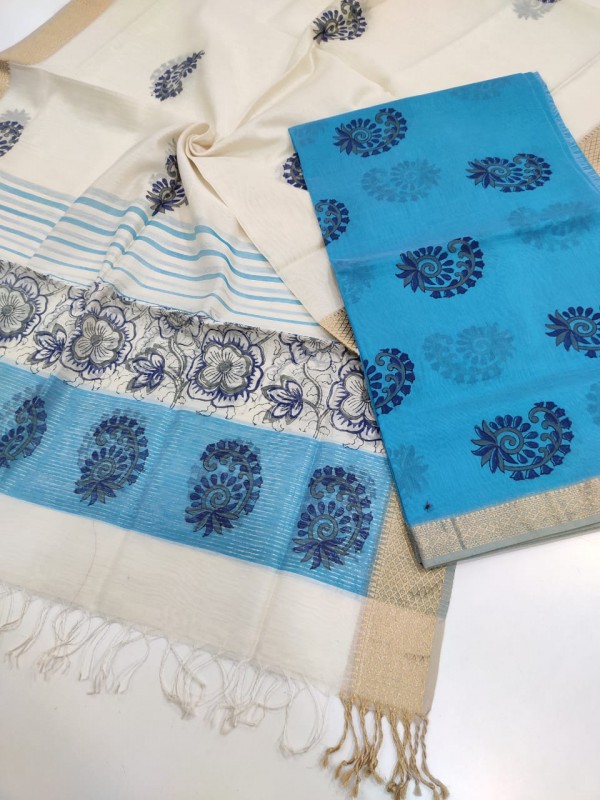 Maheshwari Firozi-White Handblock Printed Suit