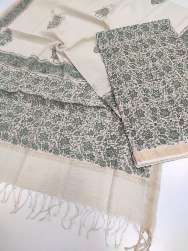 Maheshwari White Handblock Printed Suit