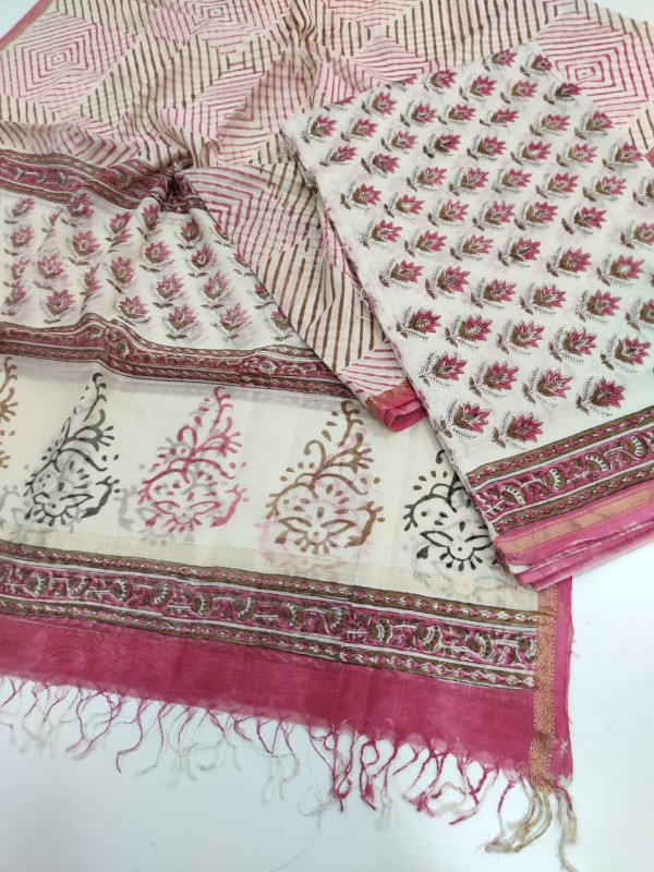 Maheshwari White Handblock Printed Suit