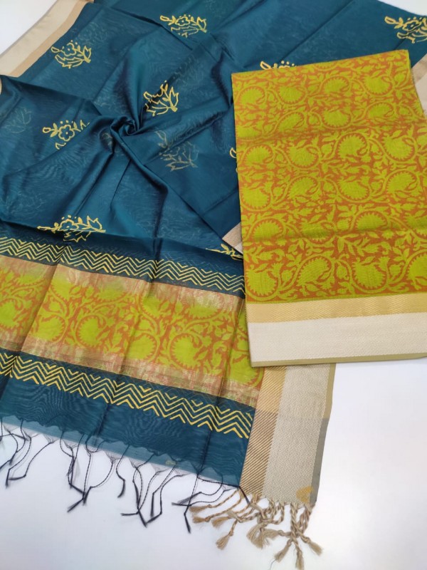 Maheshwari Green-German Blue Handblock Printed Suit