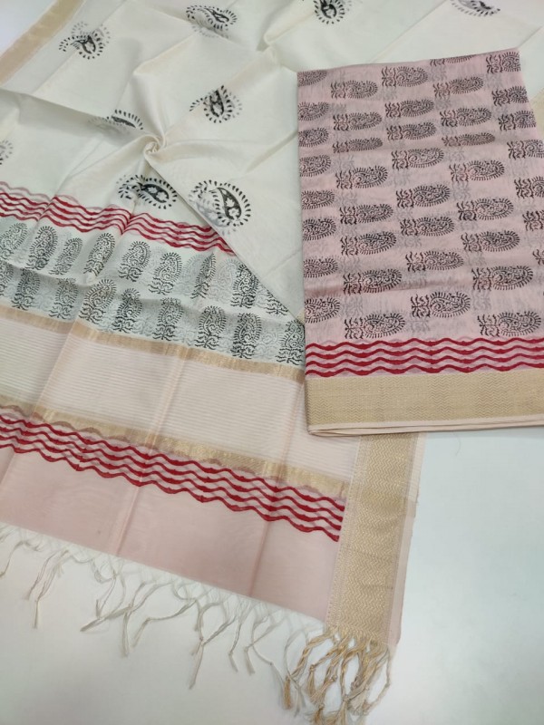 Maheshwari Baby Pink- White Handblock Printed Suit