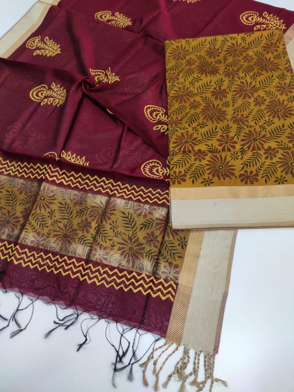 Maheshwari Mustard Yellow-WIne Handblock Printed Suit