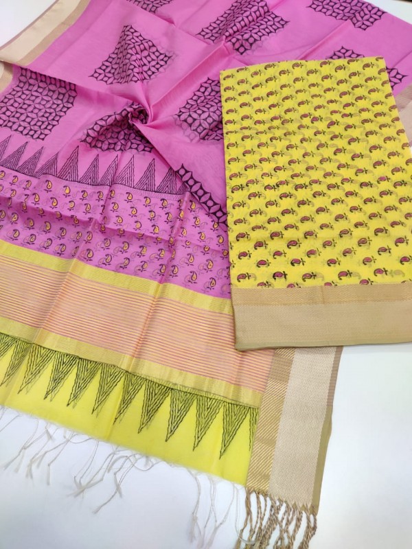 Maheshwari Yellow-Pink Handblock Printed Suit