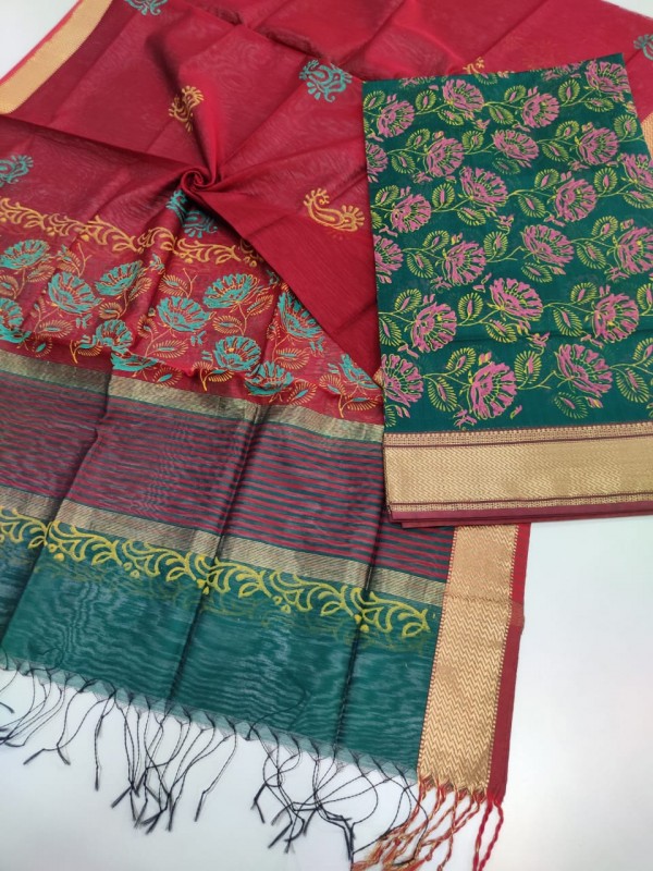 Maheshwari Rama Green-Red Handblock Printed Suit