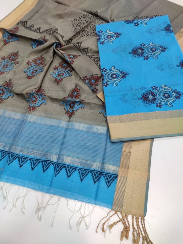 Maheshwari Firozi-Grey Handblock Printed Suit