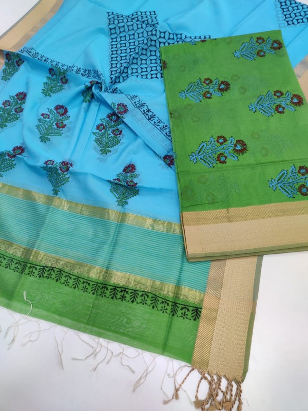 Maheshwari Green-Firozi Handblock Printed Suit