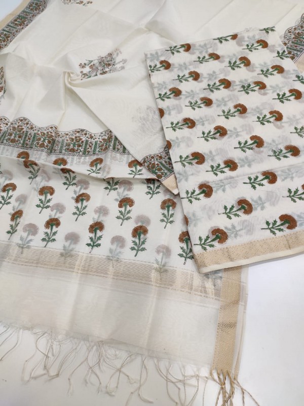 Maheshwari White Handblock Printed Suit
