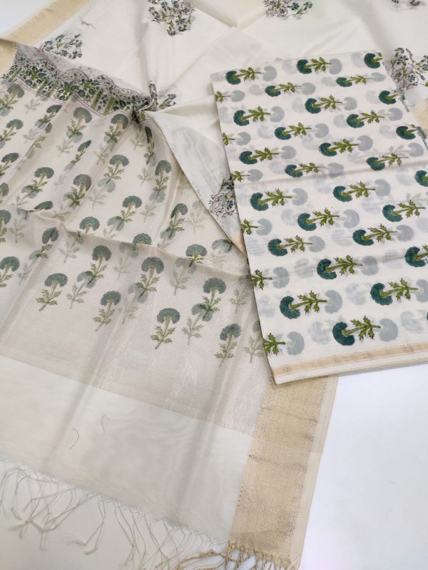 Maheshwari White Handblock Printed Suit