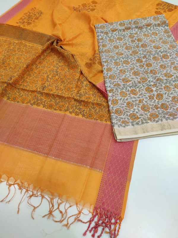 Maheshwari White-Orange Handblock Printed Suit