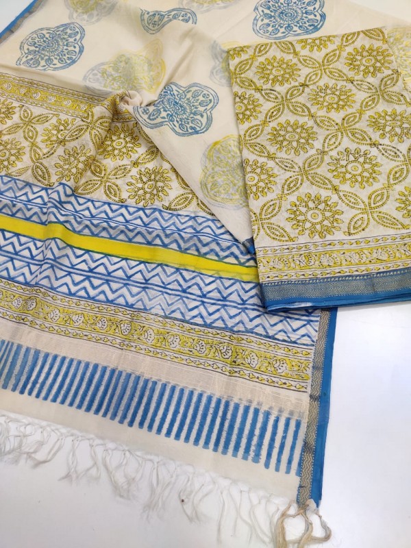 Maheshwari Beige Handblock Printed Suit