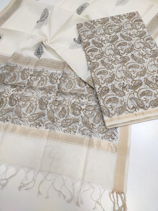 Maheshwari White Handblock Printed Suit