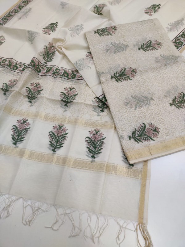 Maheshwari Beige- White Handblock Printed Suit