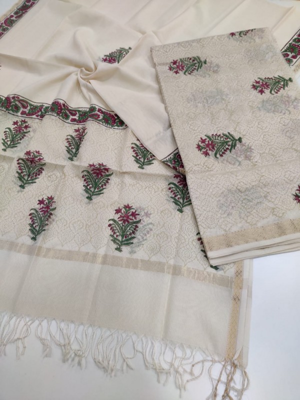 Maheshwari Off White Handblock Printed Suit
