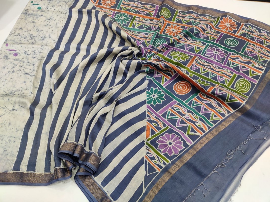 Maheshwari Cream Colour Handwoven Indoasian Batik Handpainted Sarees with Zari Border