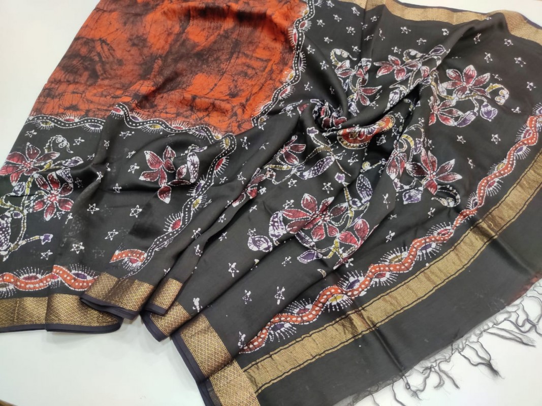 Maheshwari Orange Colour Handwoven Indoasian Batik Handpainted Sarees with Zari Border
