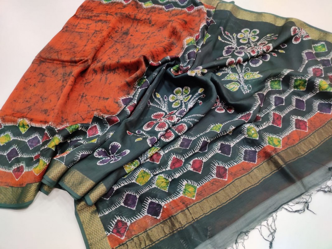 Maheshwari Orange Colour Handwoven Indoasian Batik Handpainted Sarees with Zari Border