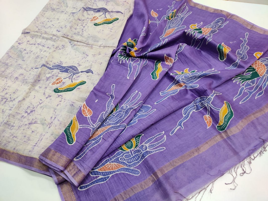 Maheshwari Cream Colour Handwoven Indoasian Batik Handpainted Sarees with Zari Border