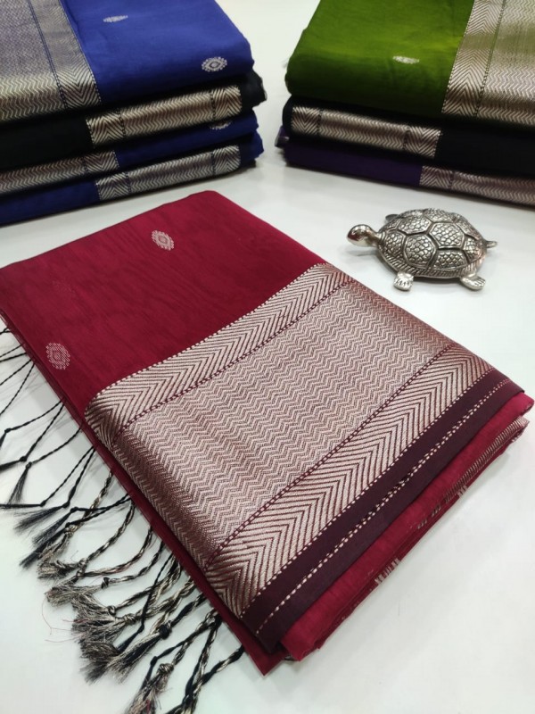 Maheshwari Red Silver Zari Buti Weaving Saree