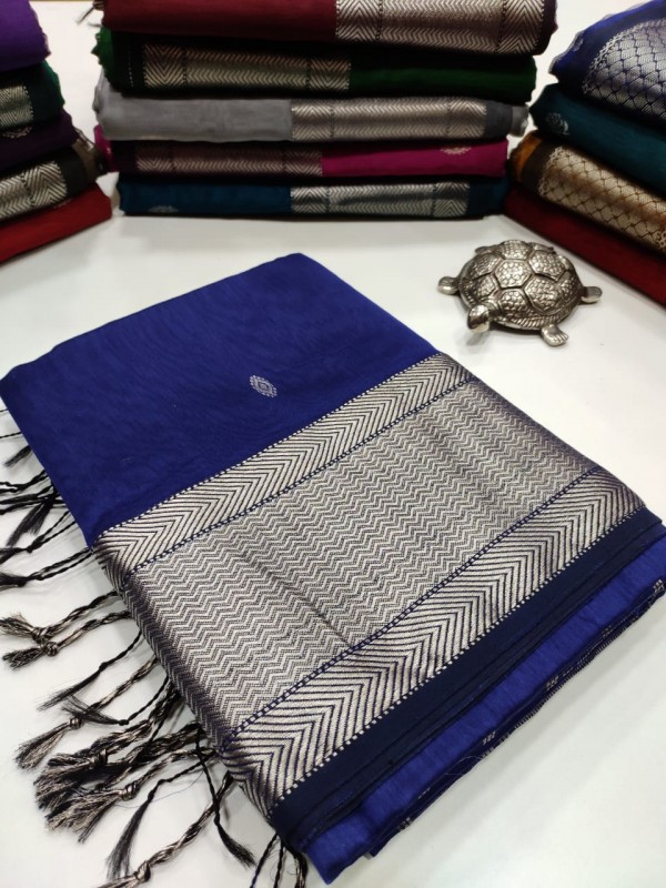 Maheshwari Blue Silver Zari Buti Weaving Saree