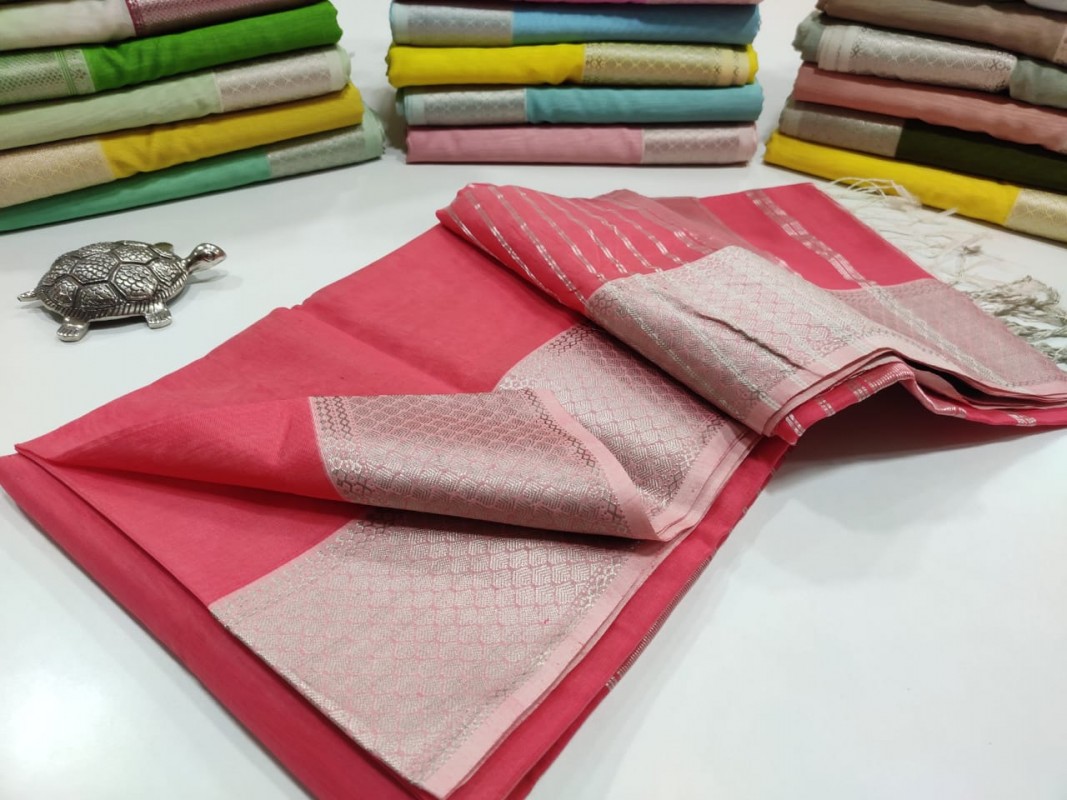 Maheshwari Fuchsia Red Silver Zari Plain Saree