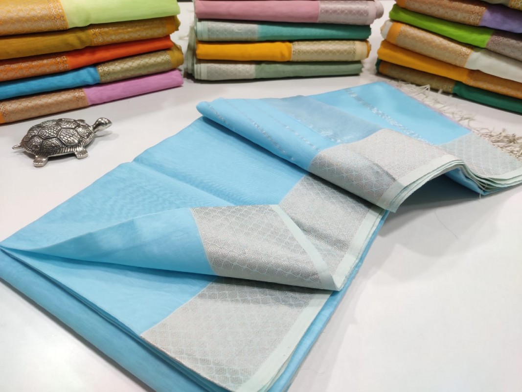 Maheshwari Sea Blue Silver Zari Plain Saree
