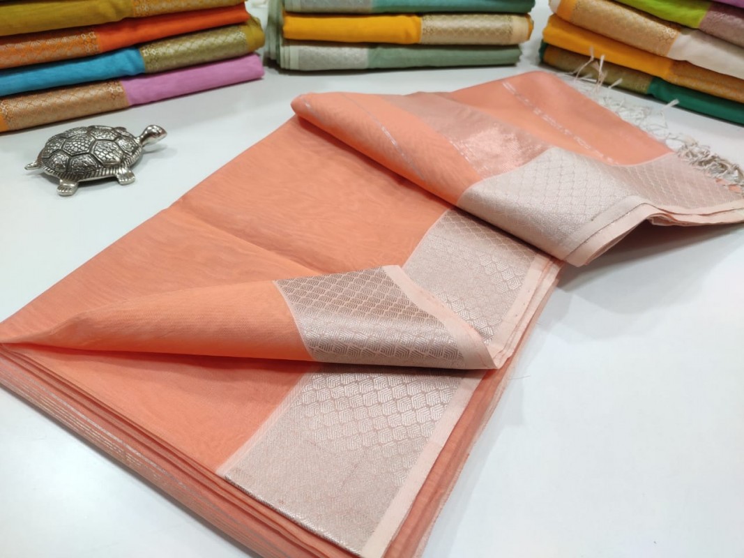 Maheshwari Peach Orange Silver Zari Plain Saree