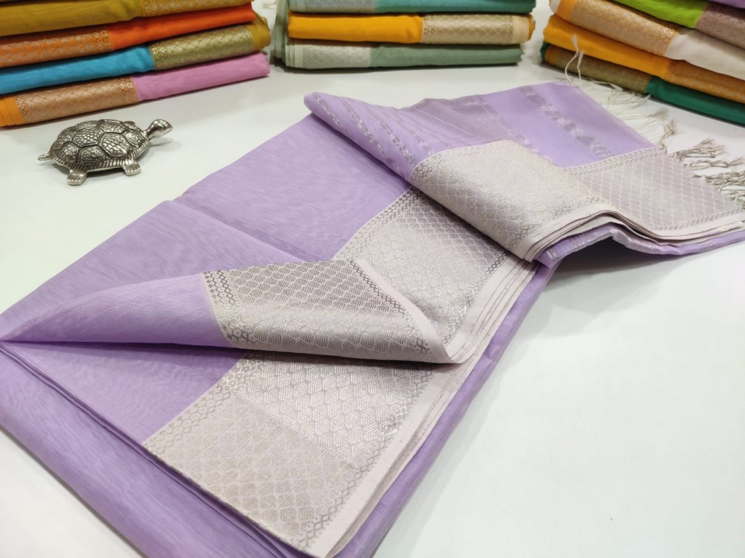 Maheshwari Lavender Silver Zari Plain Saree