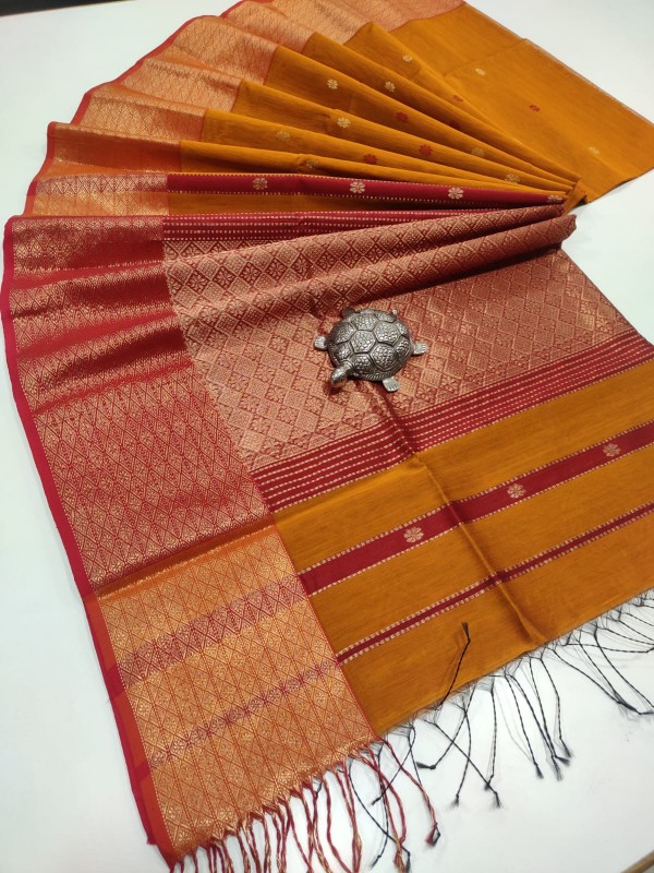 Maheshwari Mustard Yellow Zari Pallu weaving Sarees